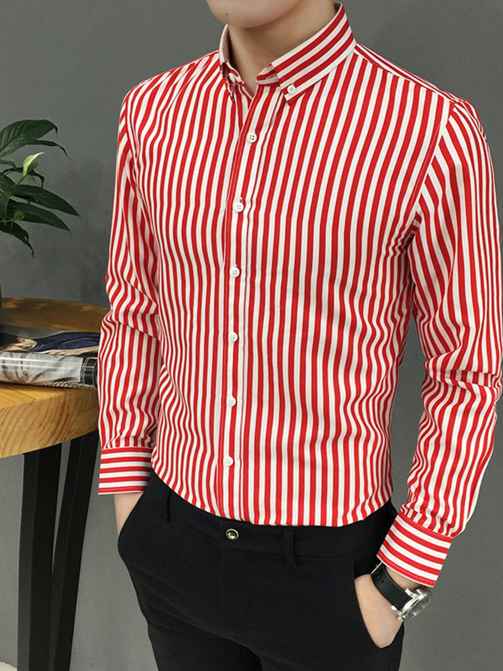 Men's Plus Size Striped Button Up Long Sleeve Shirt