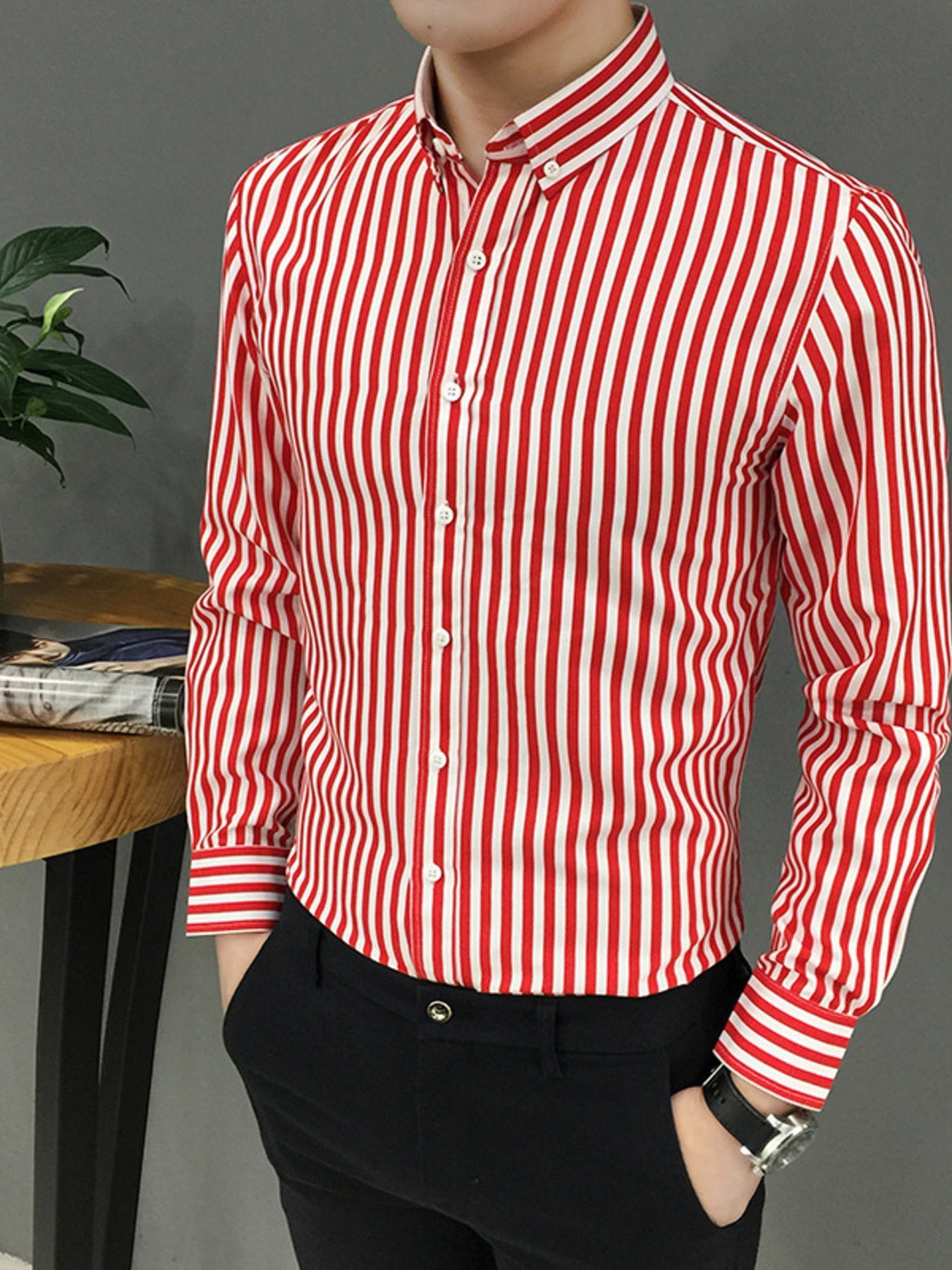 Men's Plus Size Striped Button Up Long Sleeve Shirt