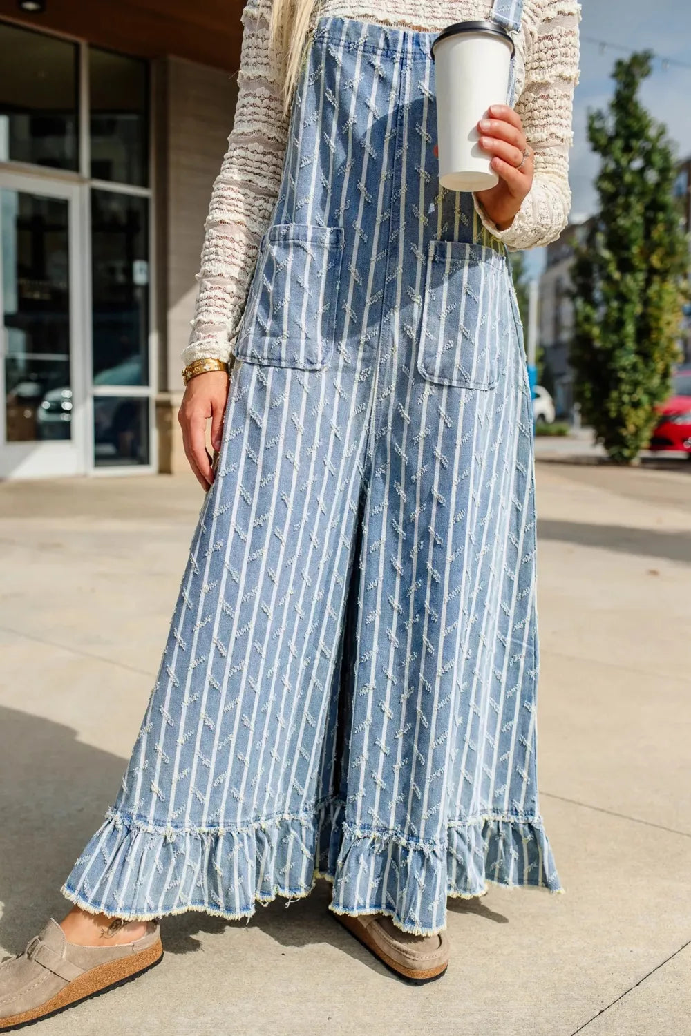 Striped Distressed Ruffled Wide Leg Denim Overalls