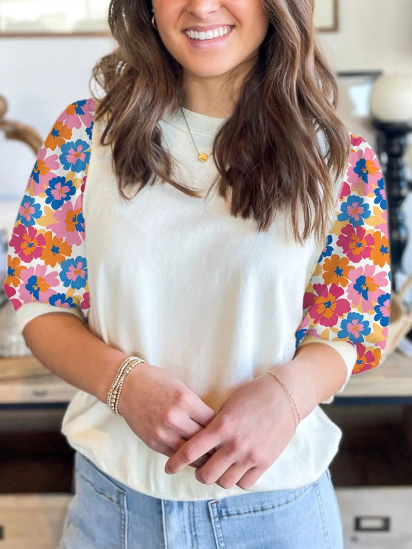 Floral Puff Sleeve Round Neck T-Shirt