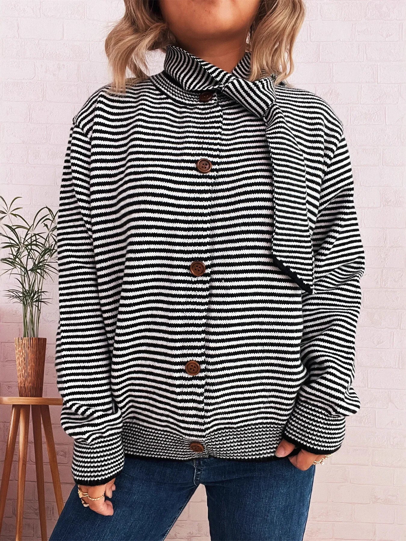 Striped Button Up Long Sleeve Cardigan