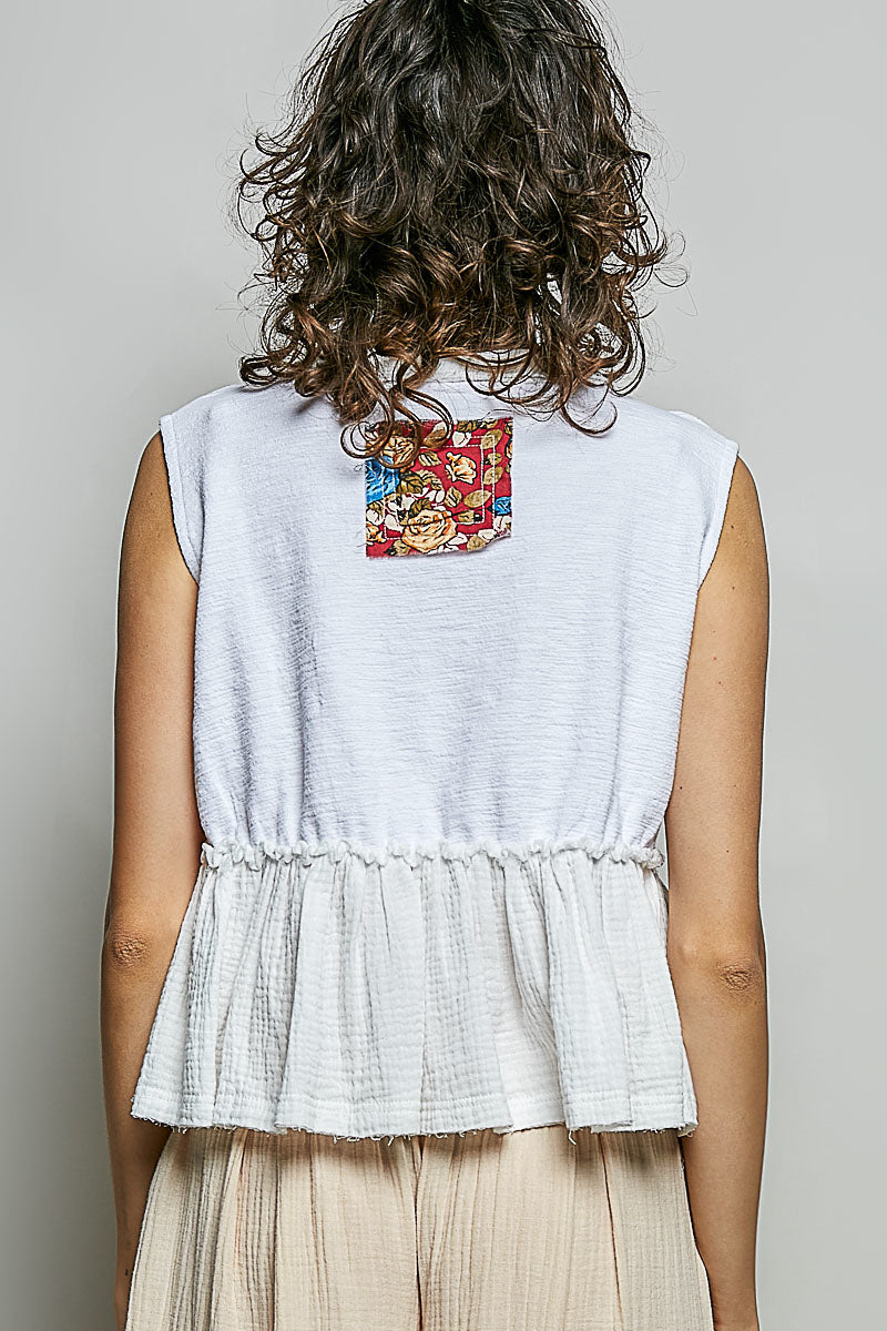 POL Floral Patch Ruffled Sleeveless Top with Raw Edge Detail