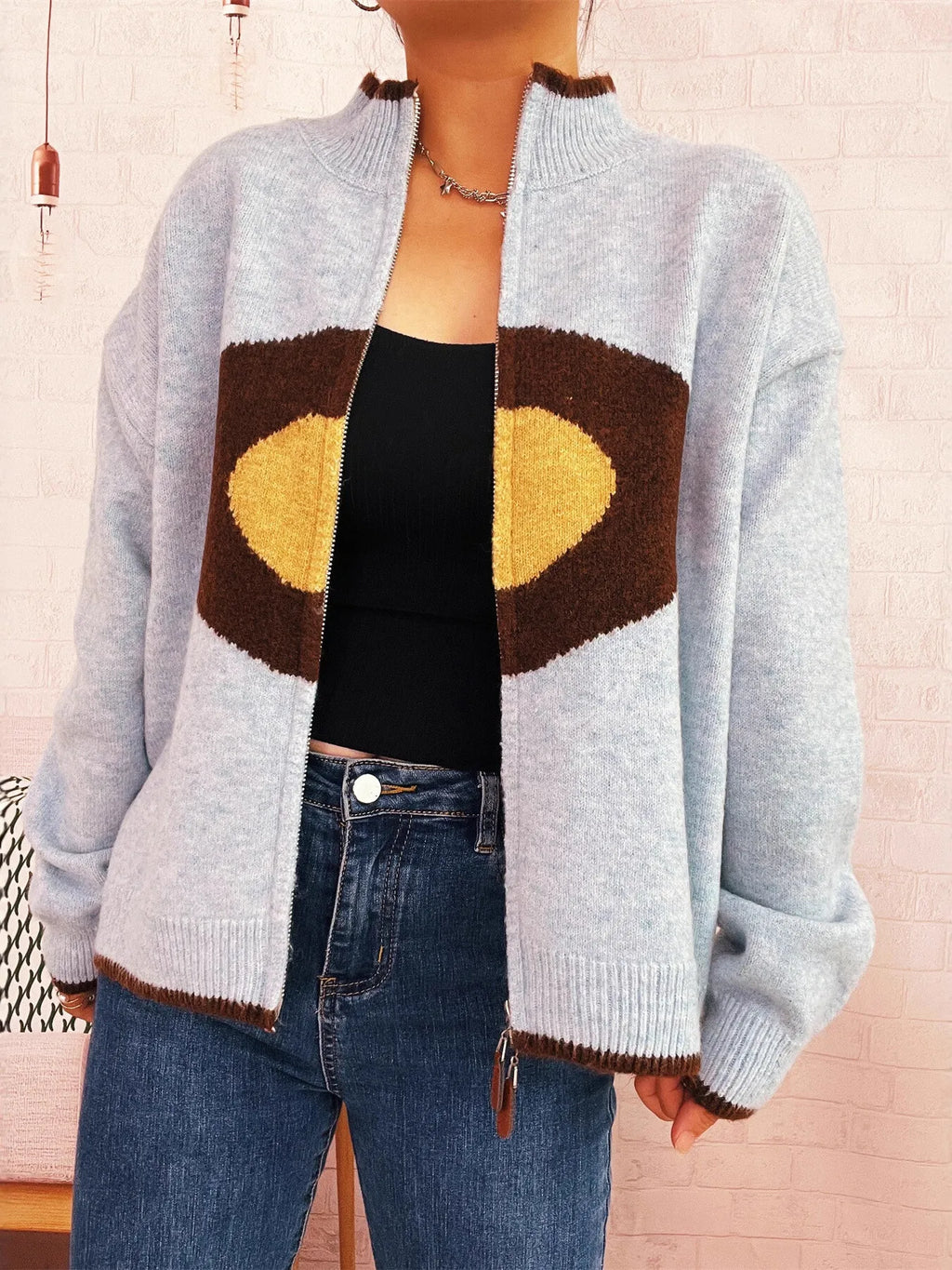 Zip-Up Contrast Trim Cardigan