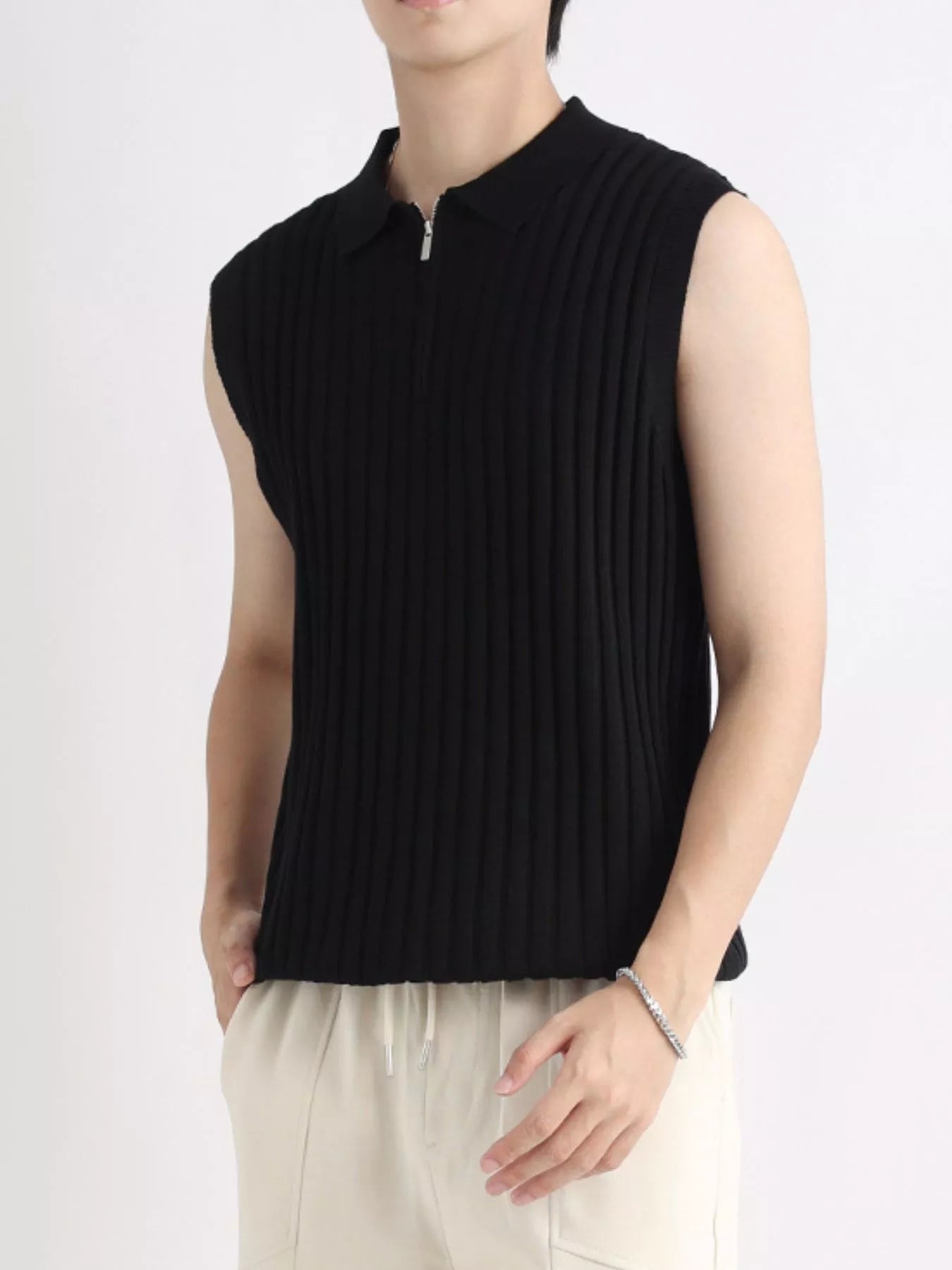 Men's Plus Size Ribbed Knit Zip-Up Tank