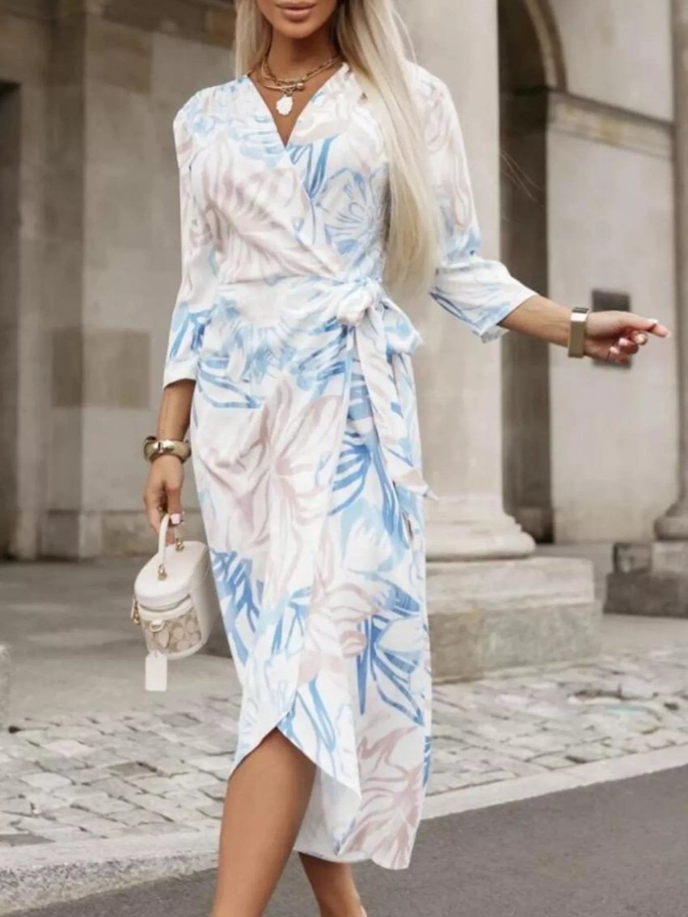 Printed Surplice Long Sleeve Wrap Dress