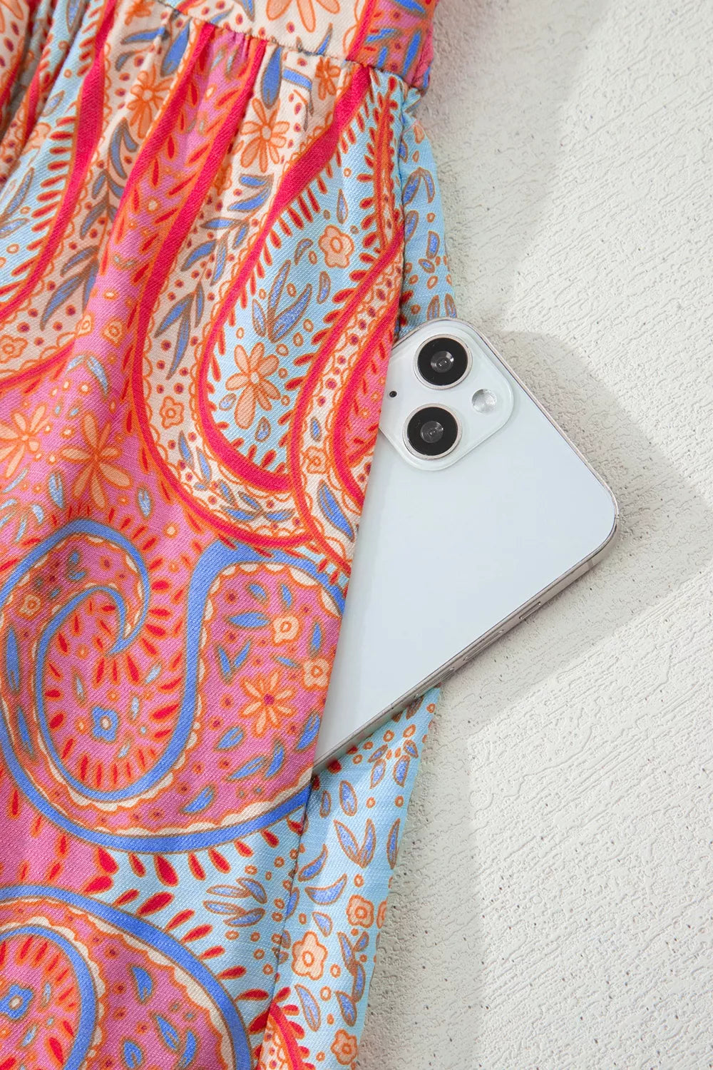 Paisley Print V-Neck Short Sleeve Boho Dress with Ruffle Details
