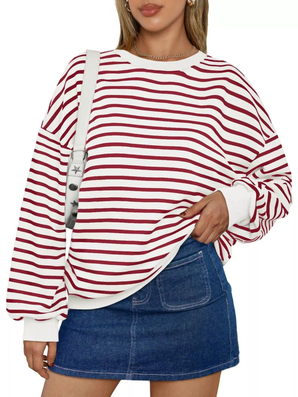 Striped Round Neck Oversized Casual Sweatshirt