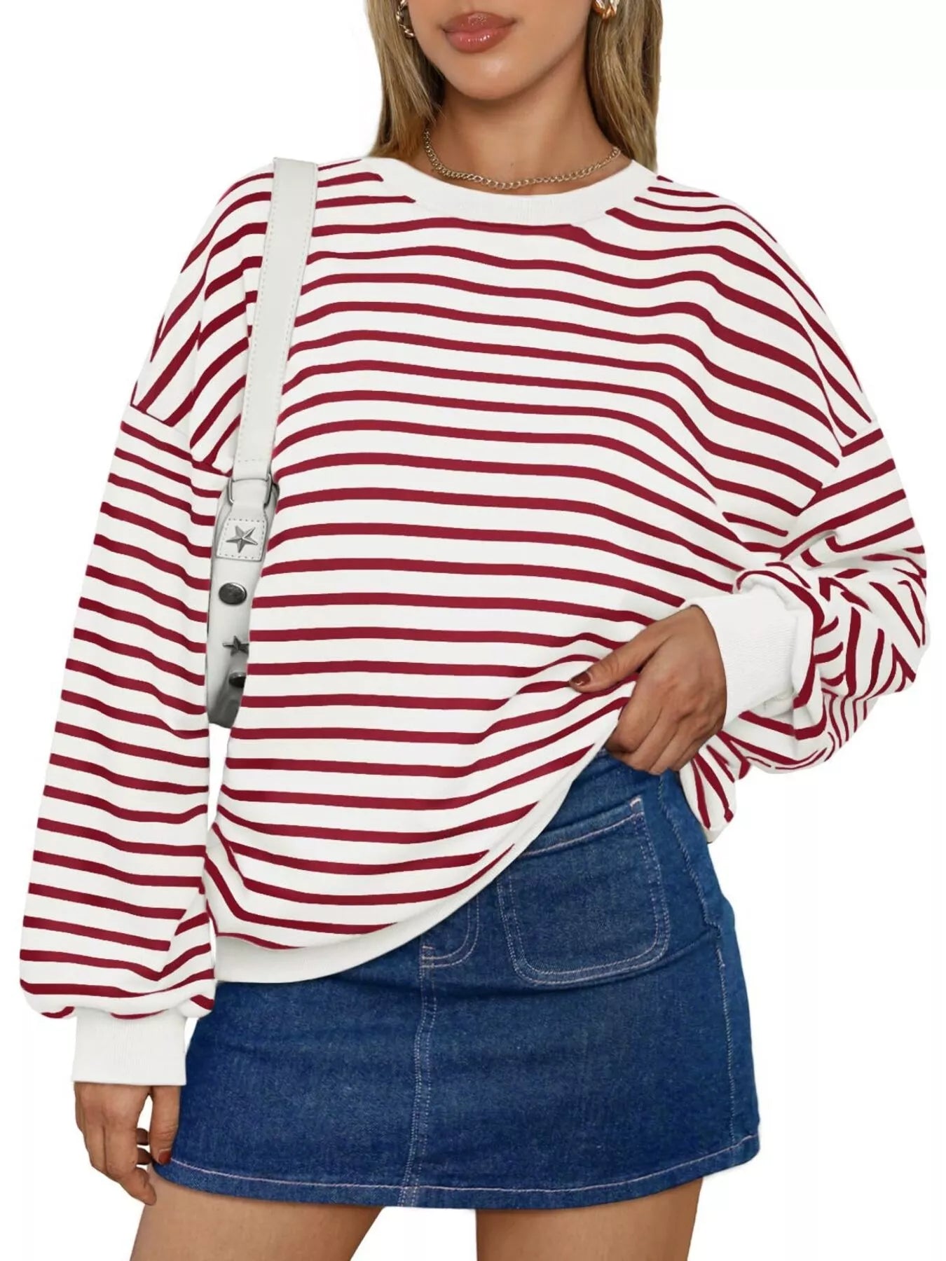 Striped Round Neck Oversized Casual Sweatshirt