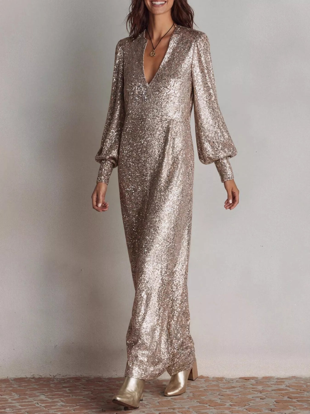 Sequin Notched Lantern Sleeve Maxi Dress