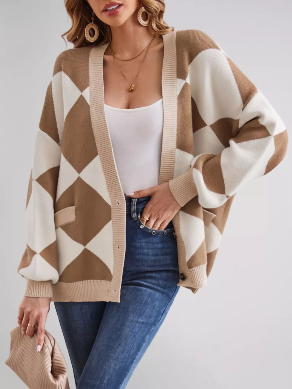 Diamond Pattern Button-Up Knit Cardigan