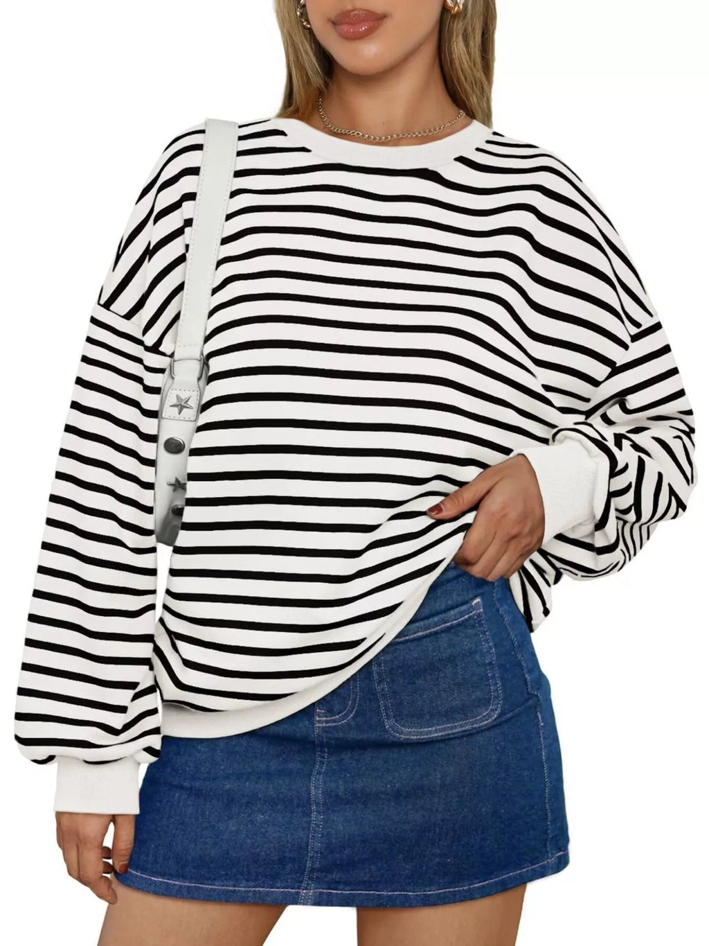 Striped Round Neck Oversized Casual Sweatshirt