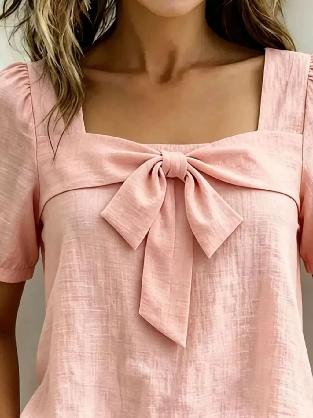 Bow Tie Square Neck Puff Sleeve Blouse