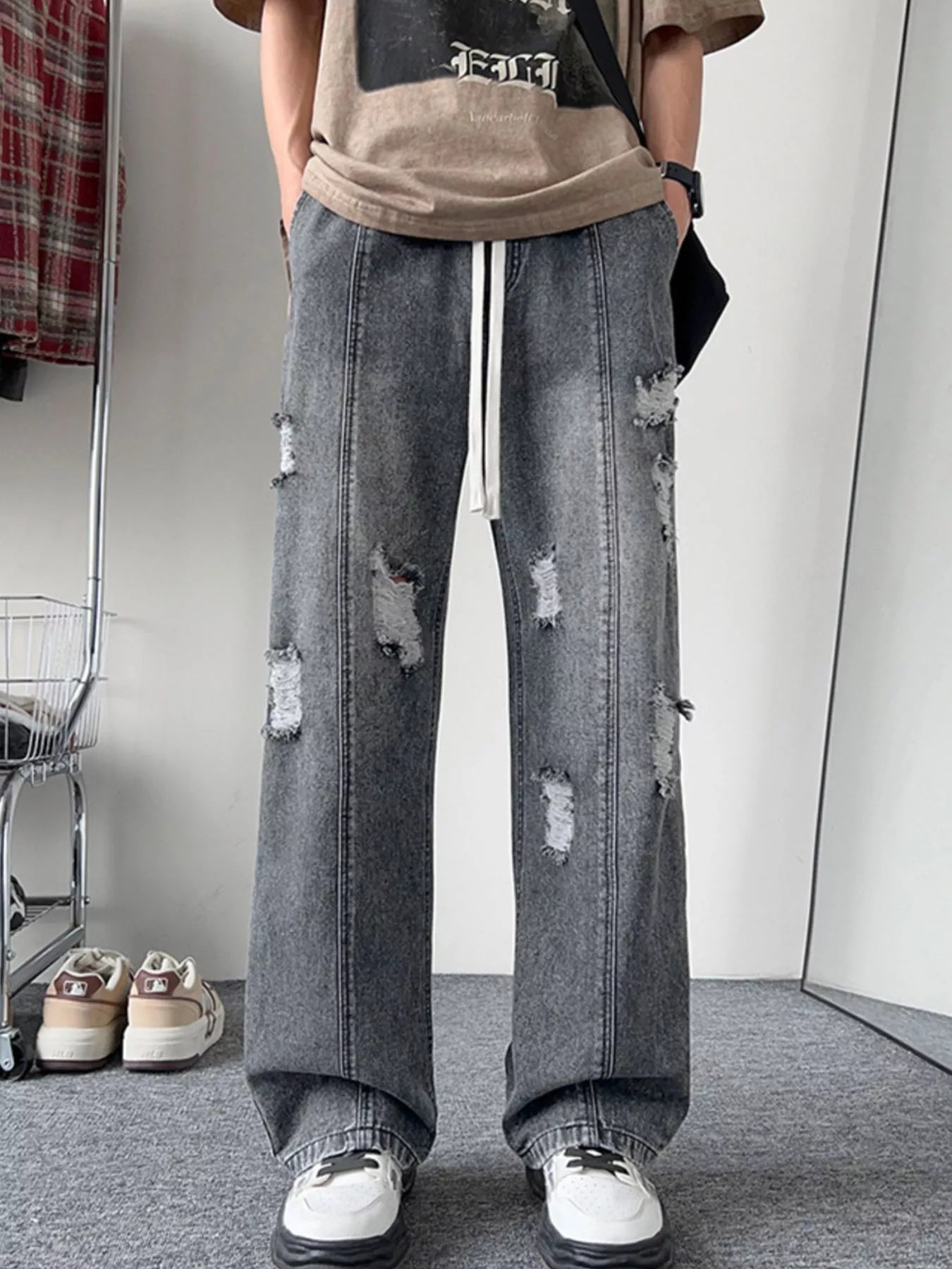 Men's Full Size Distressed Wide Leg Jeans Plus Size