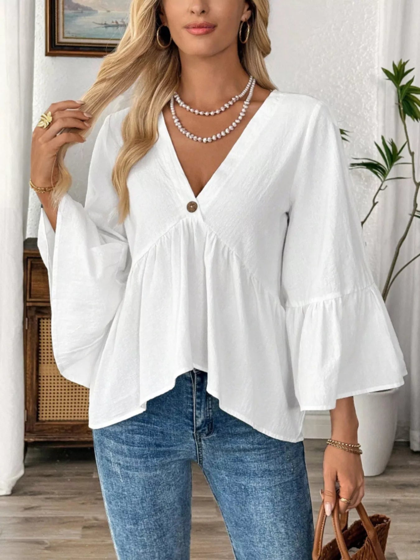 V-Neck Bell Sleeve Blouse