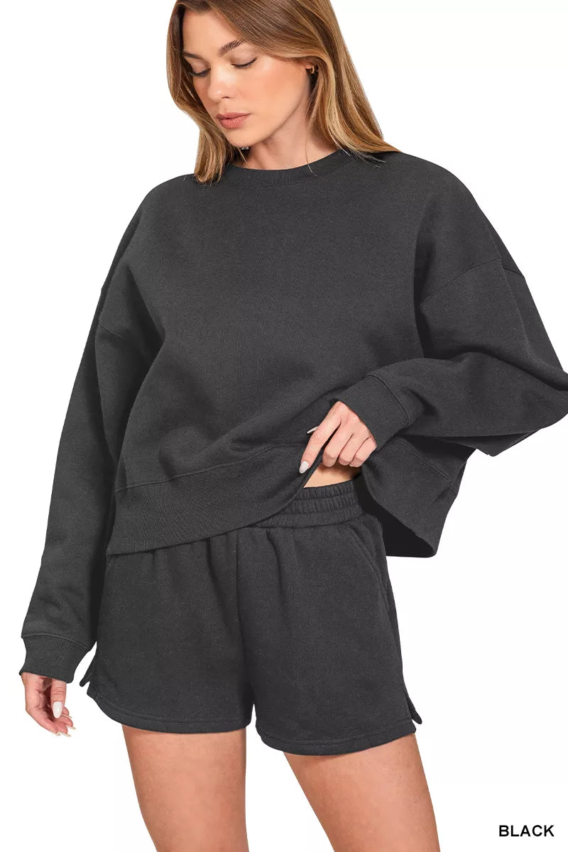 Zenana Fleece Round Neck Sweatshirt and Shorts Set