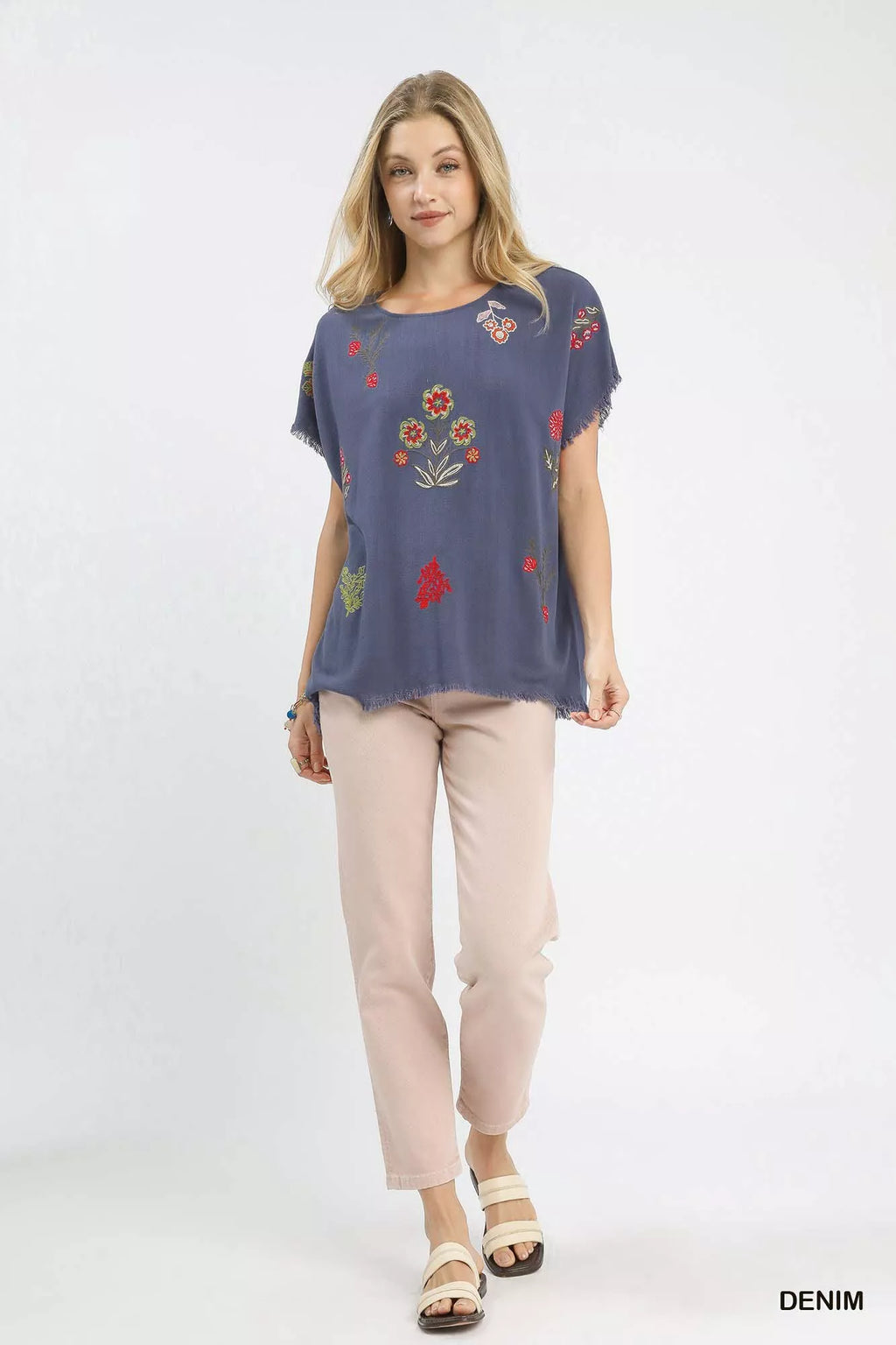Umgee Linen Blend Embroidered Frayed Hem Top