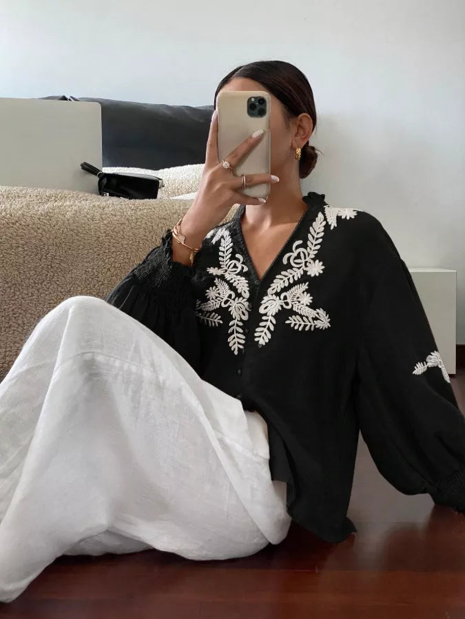 Embroidered Notched Long Sleeve Blouse