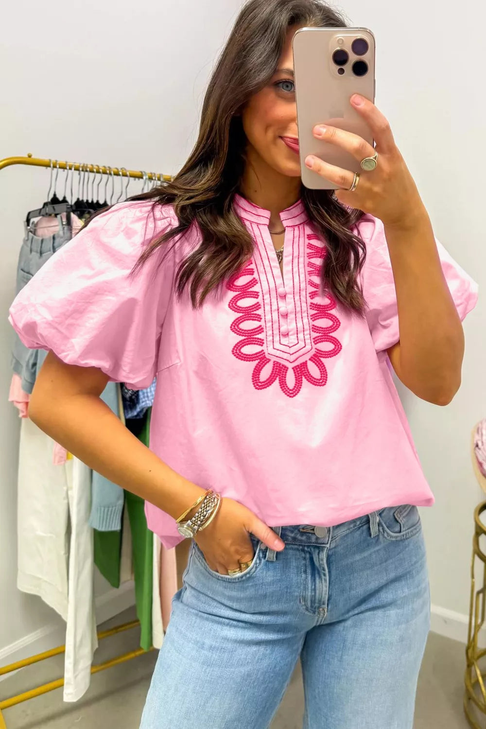 Embroidered Detail Puff Sleeve Cotton Blouse