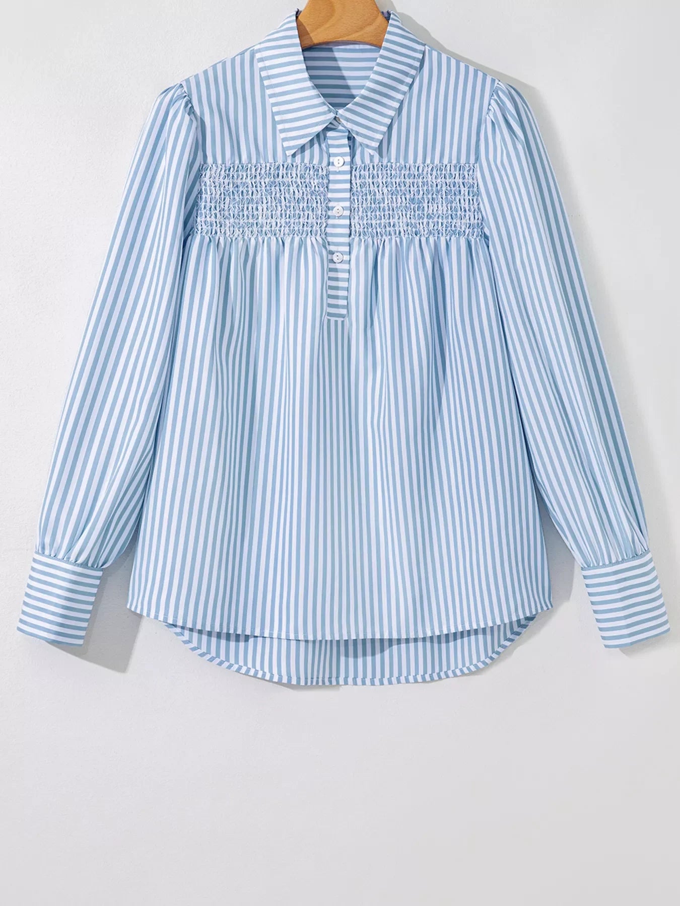 Stripe Shirred Detail Half Placket Collared Long Sleeve Shirt
