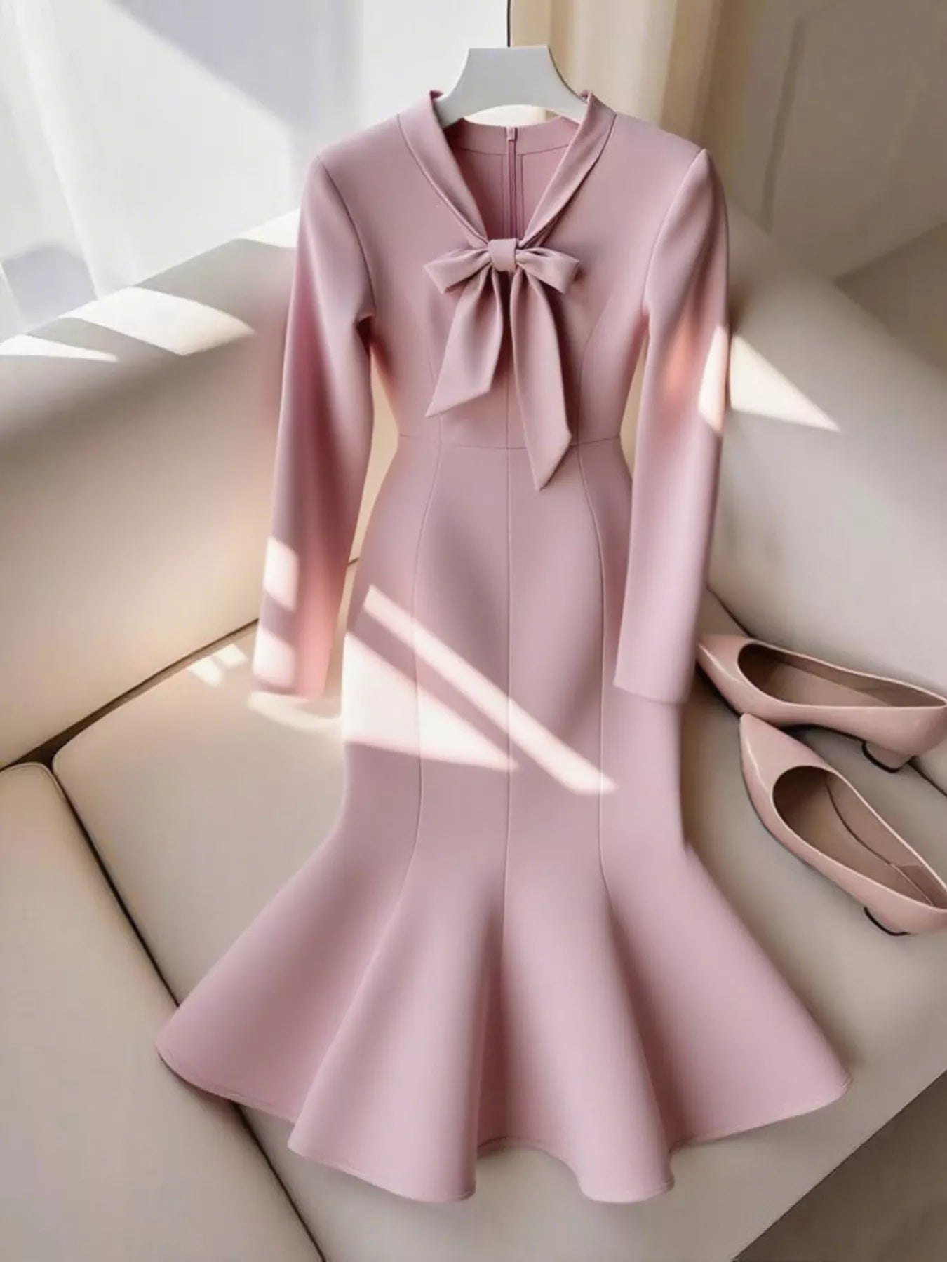Bow-Knot Long Sleeve Mermaid Dress