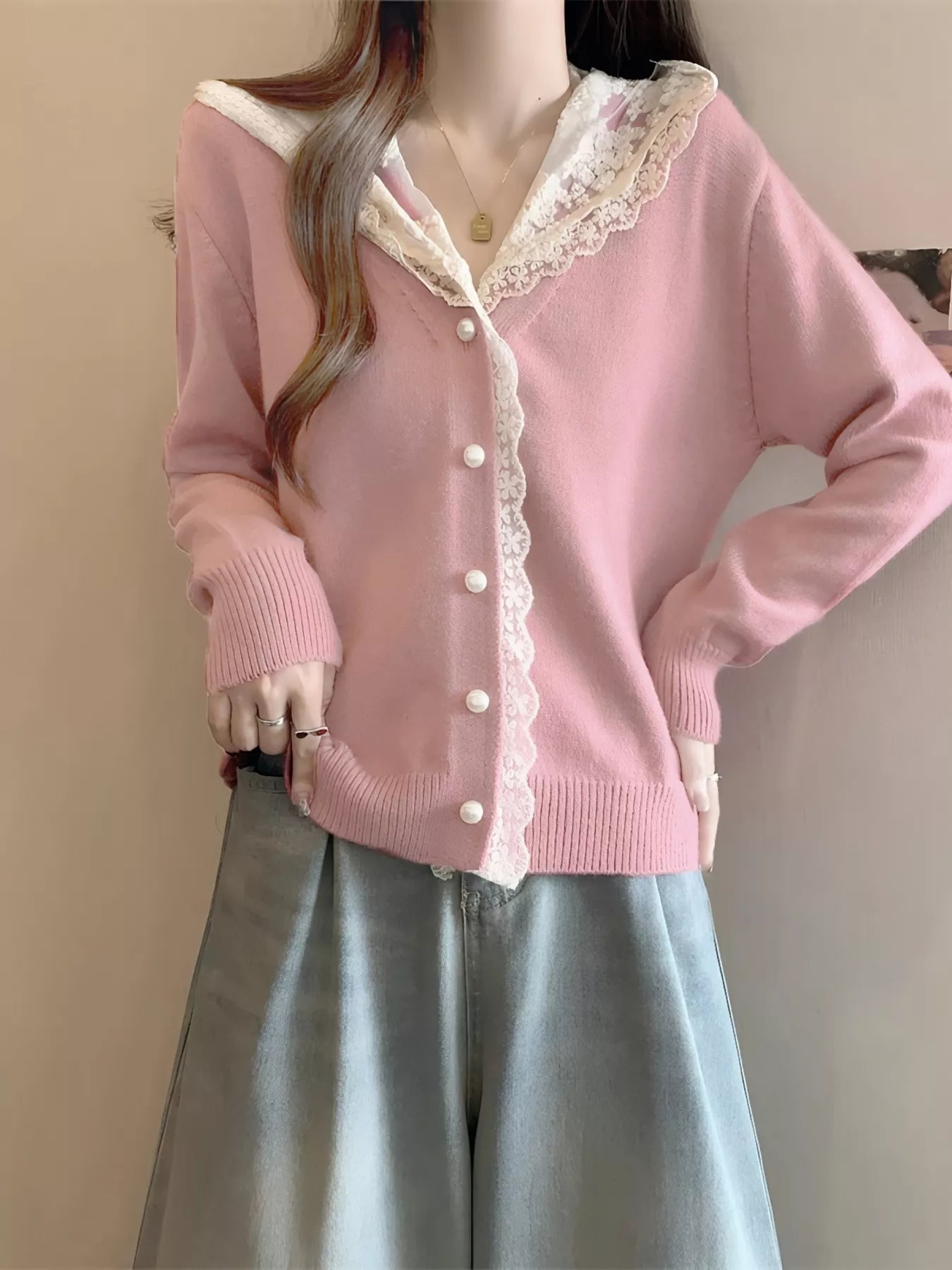 Lace Trim Hooded Cardigan