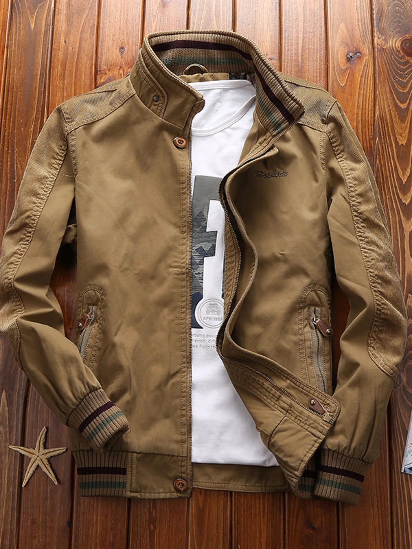 Men's Full Size Bomber Jacket with Ribbed Cuffs and Collar Plus Size