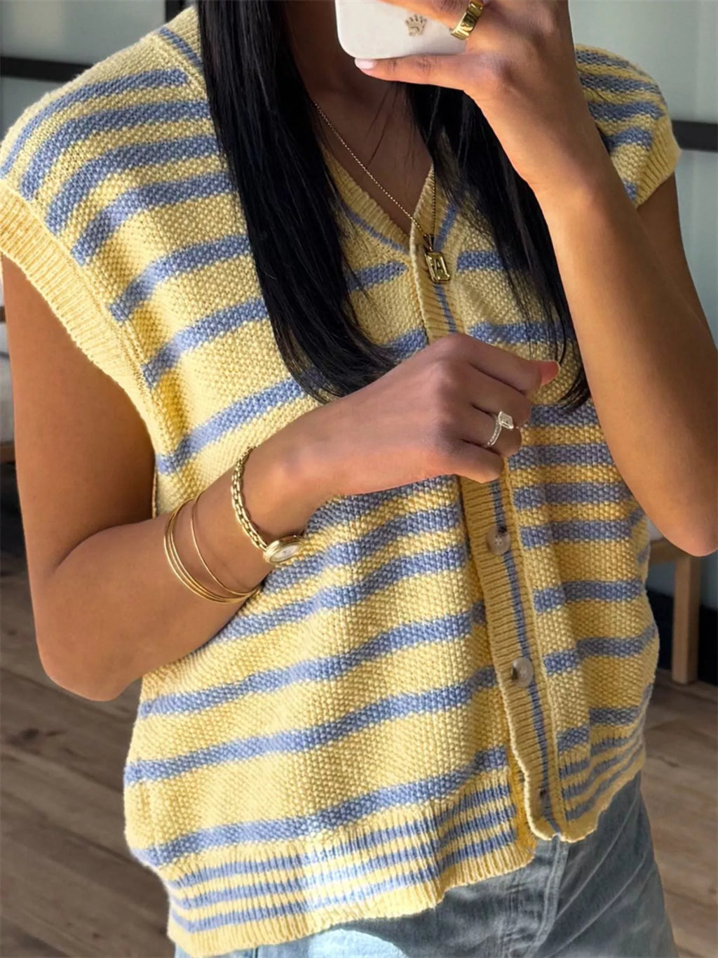 Striped Knit Button Up Cap Sleeve Cardigan