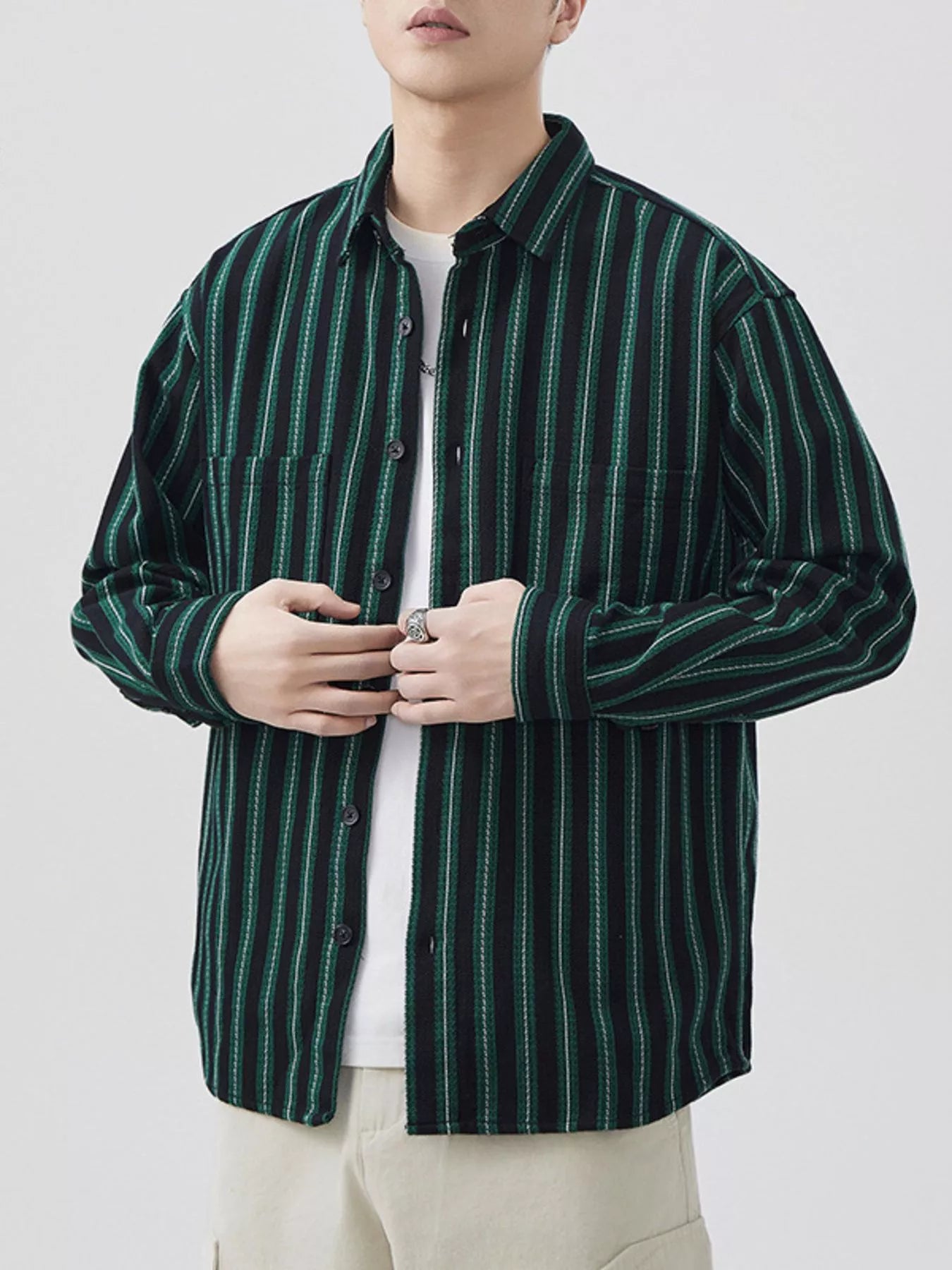 Men's Plus Size Striped Button Up Long Sleeve Shirt