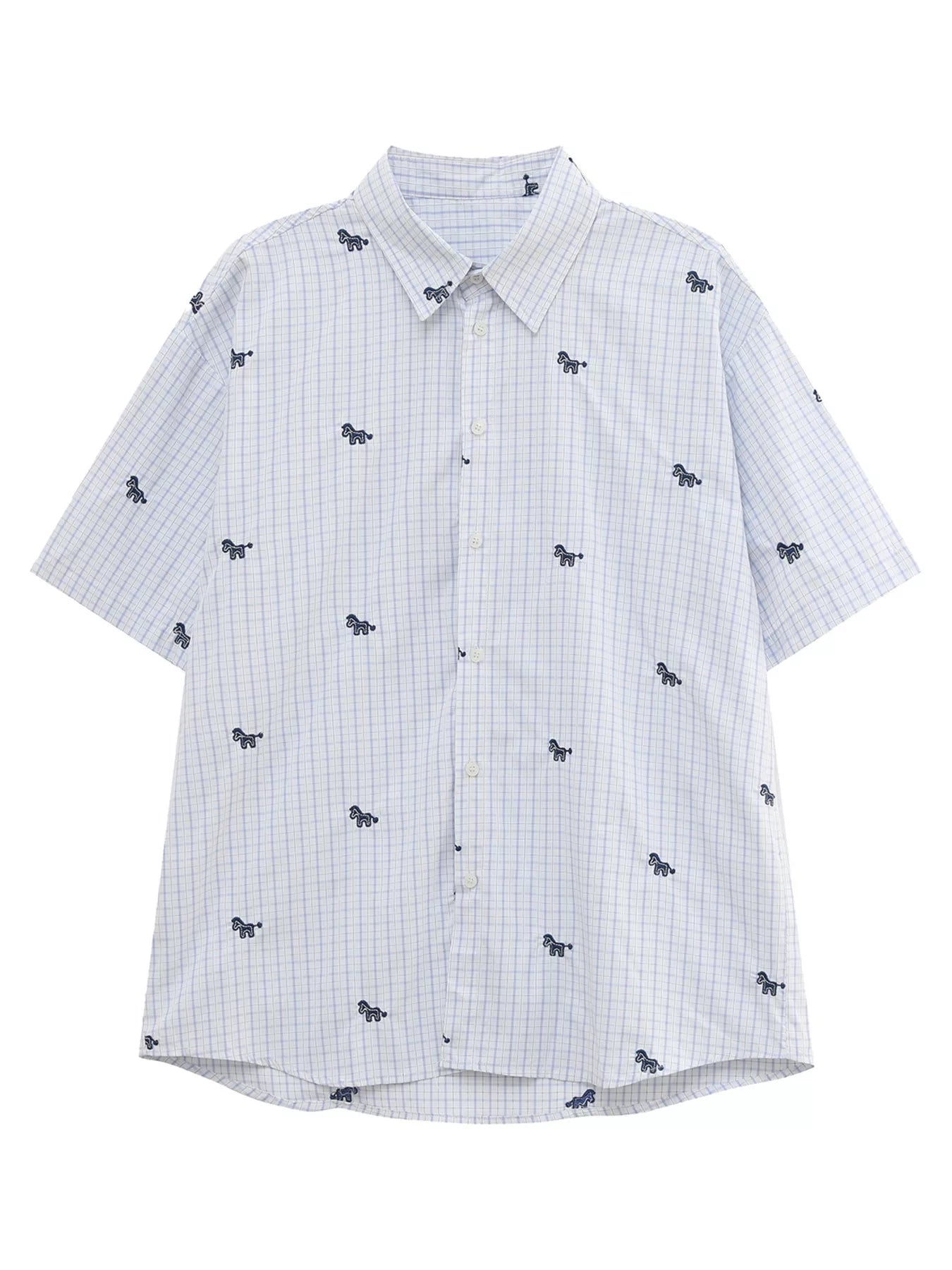 Men's Plaid Short Sleeve Shirt with Embroidered Animal Pattern