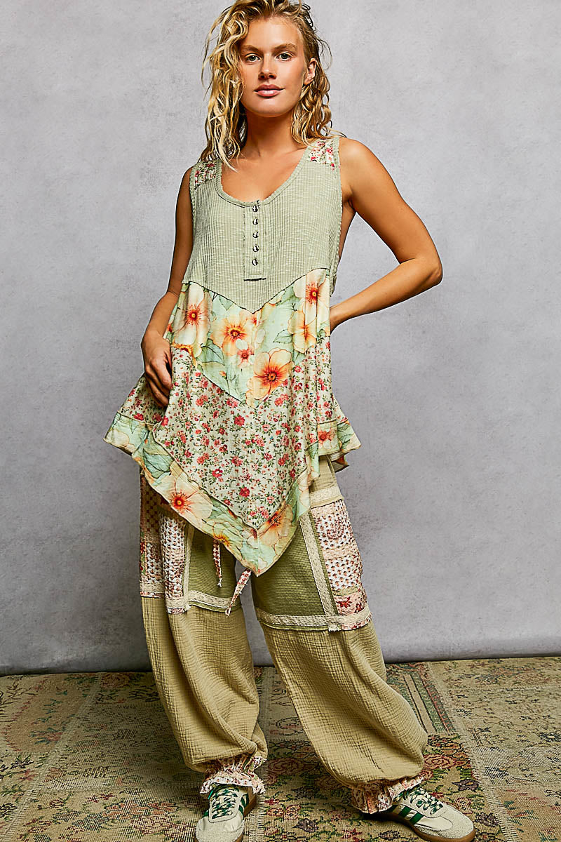 POL Round Neck Ribbed Tank with Woven Print Patch