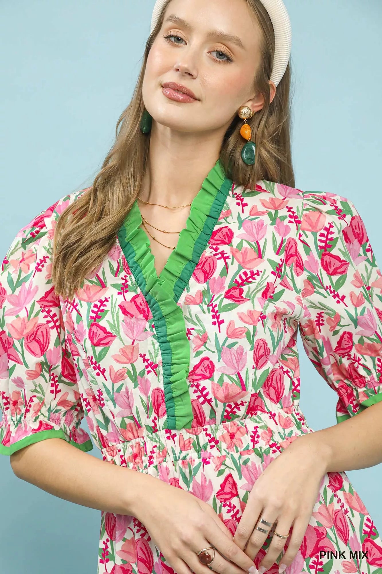 Umgee Floral Ruffle Trim Tiered Midi Dress
