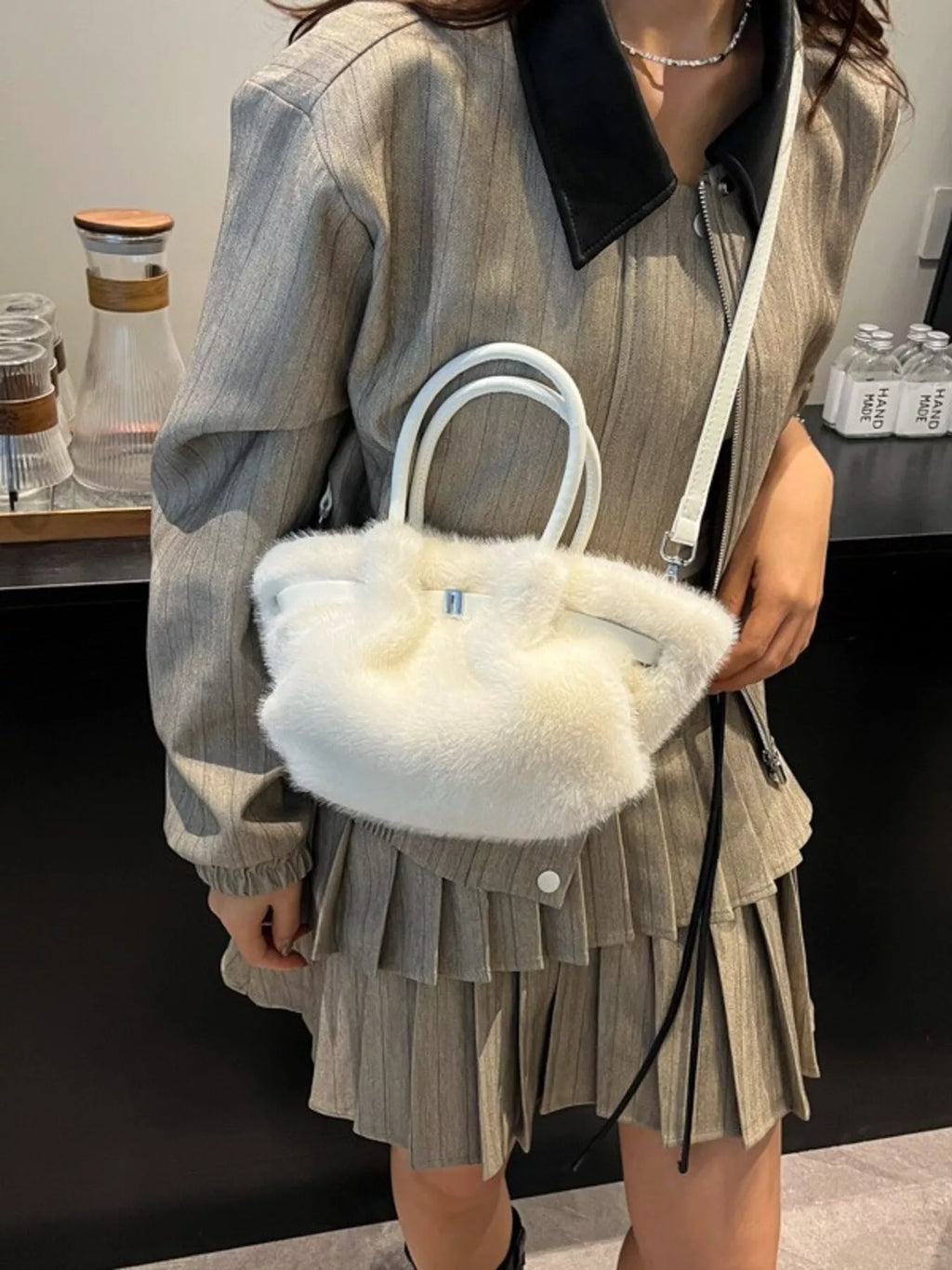 Fluffy Crossbody Bag with Buckle Detail