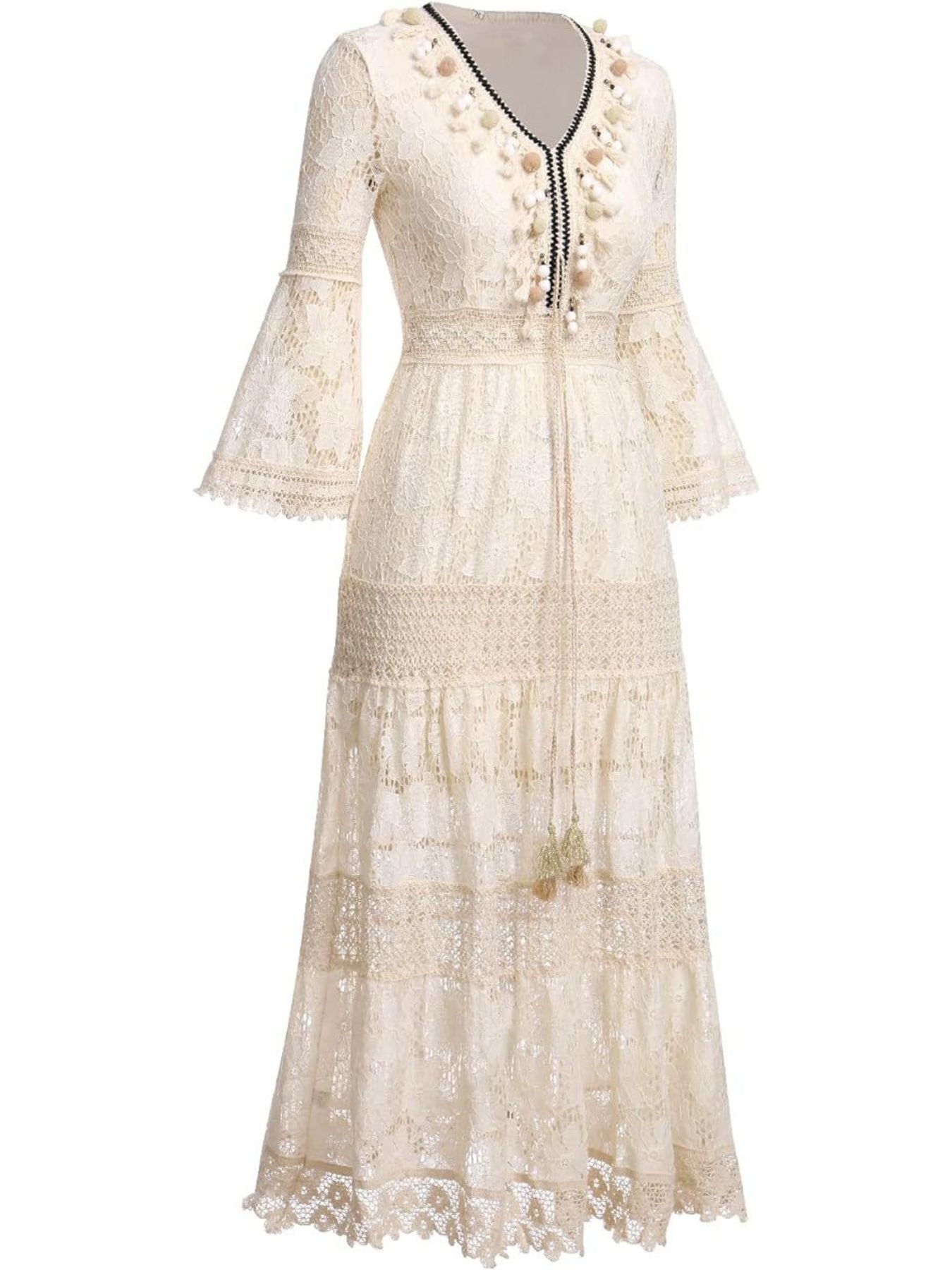 Bohemian Lace Maxi Dress with Bell Sleeves