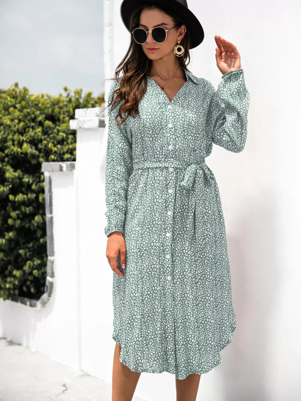 Button Down Printed Long Sleeve Shirt Dress