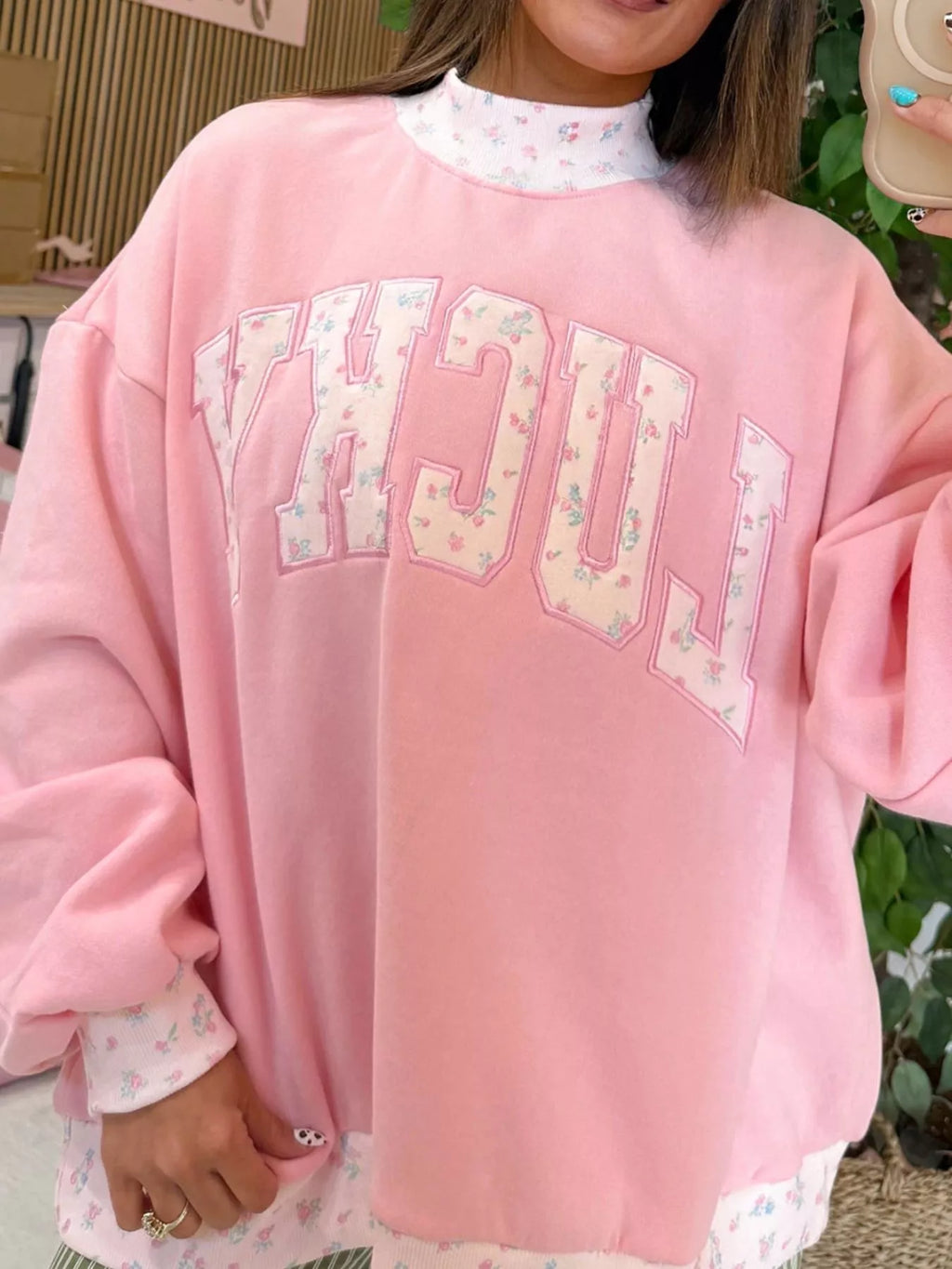 High Neck Floral Patch Embroidery Long Sleeve Sweatshirt