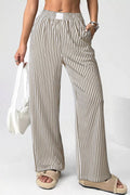 Stripe Elastic High Waist Pocketed Loose Pants