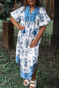 Floral Print Contrast Boho Patchwork V Neck Loose Midi Dress