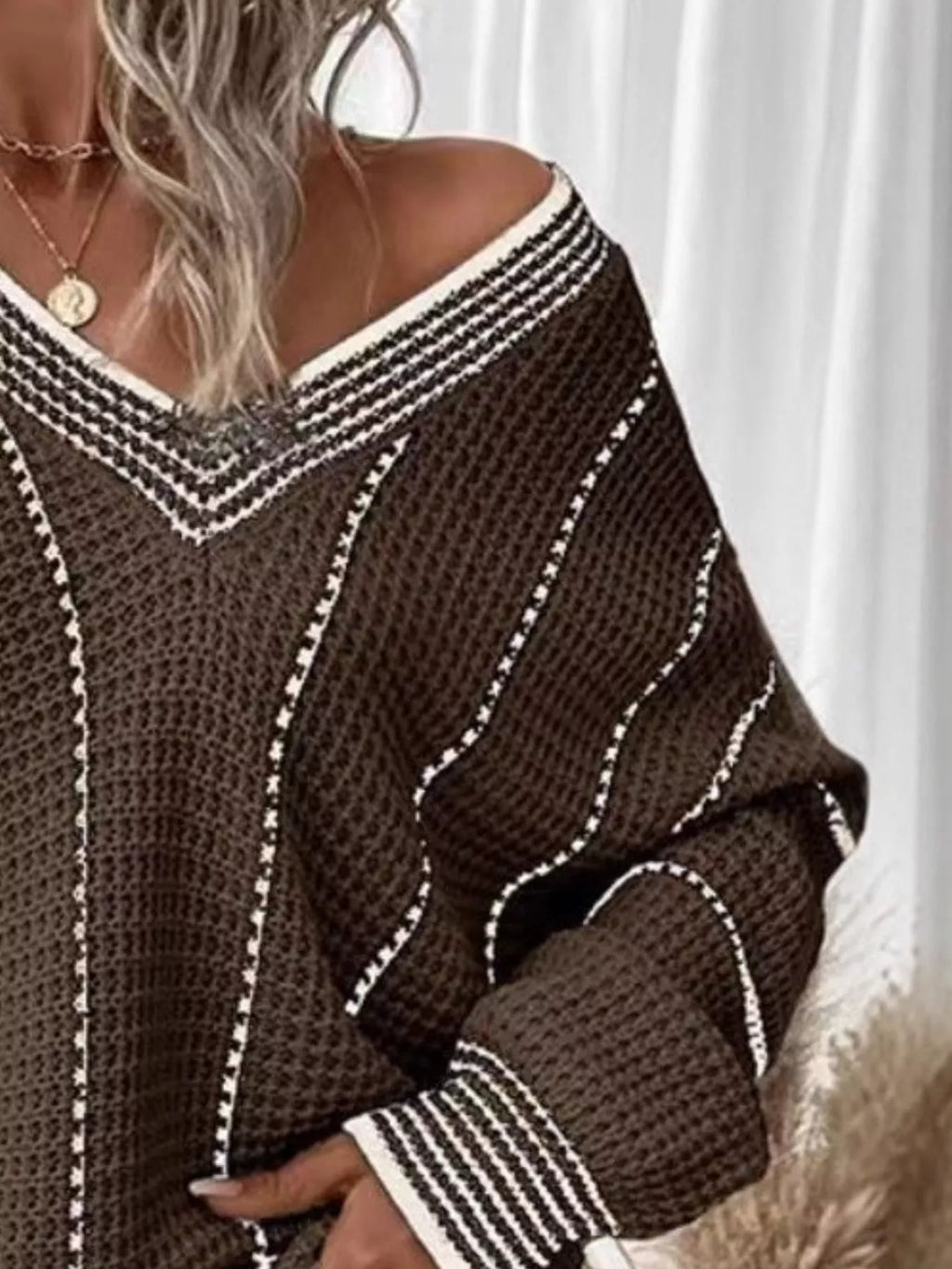 Full Size V-Neck Textured Knit Sweater Plus Size