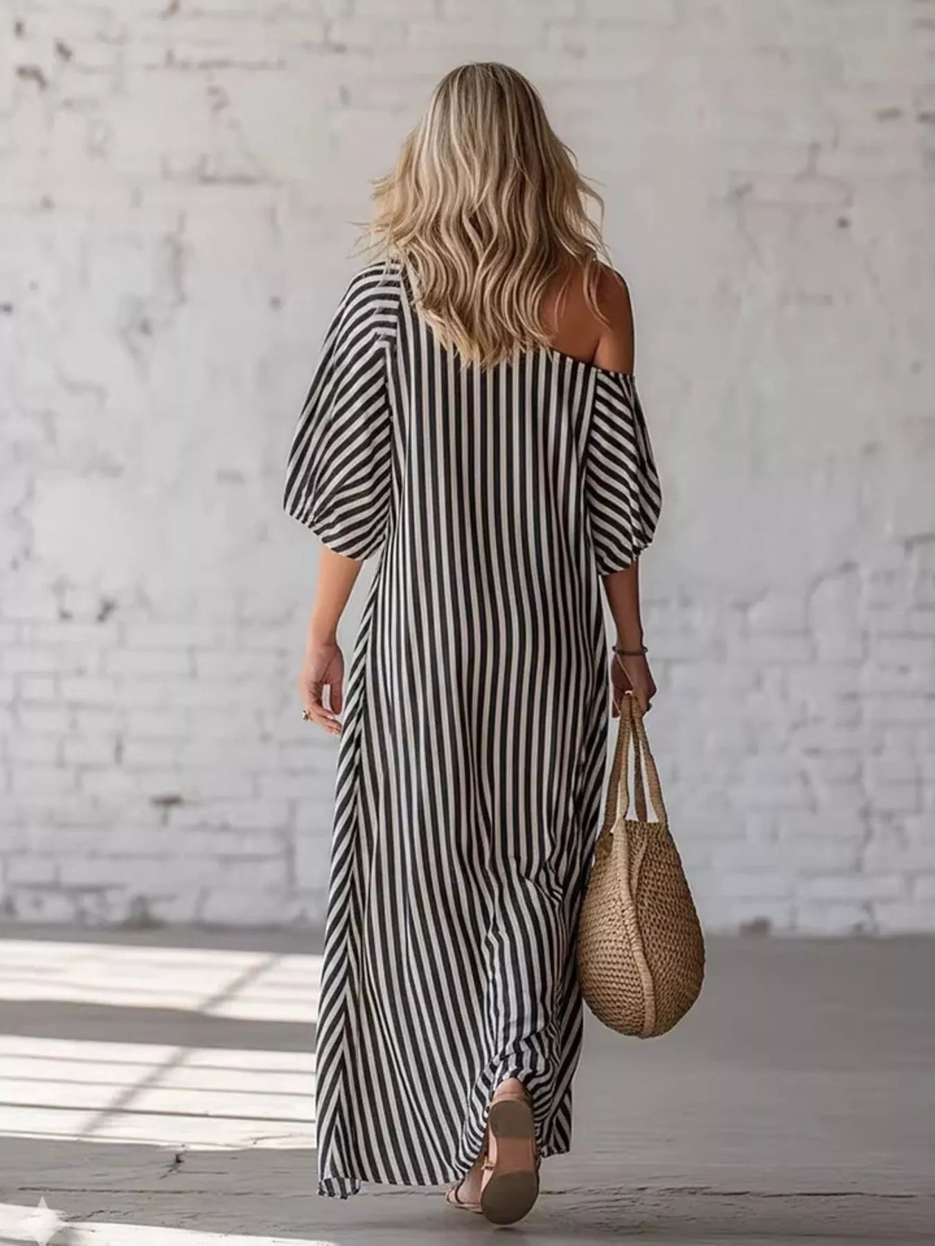 Full Size Striped One-Shoulder Casual Maxi Dress Plus Size