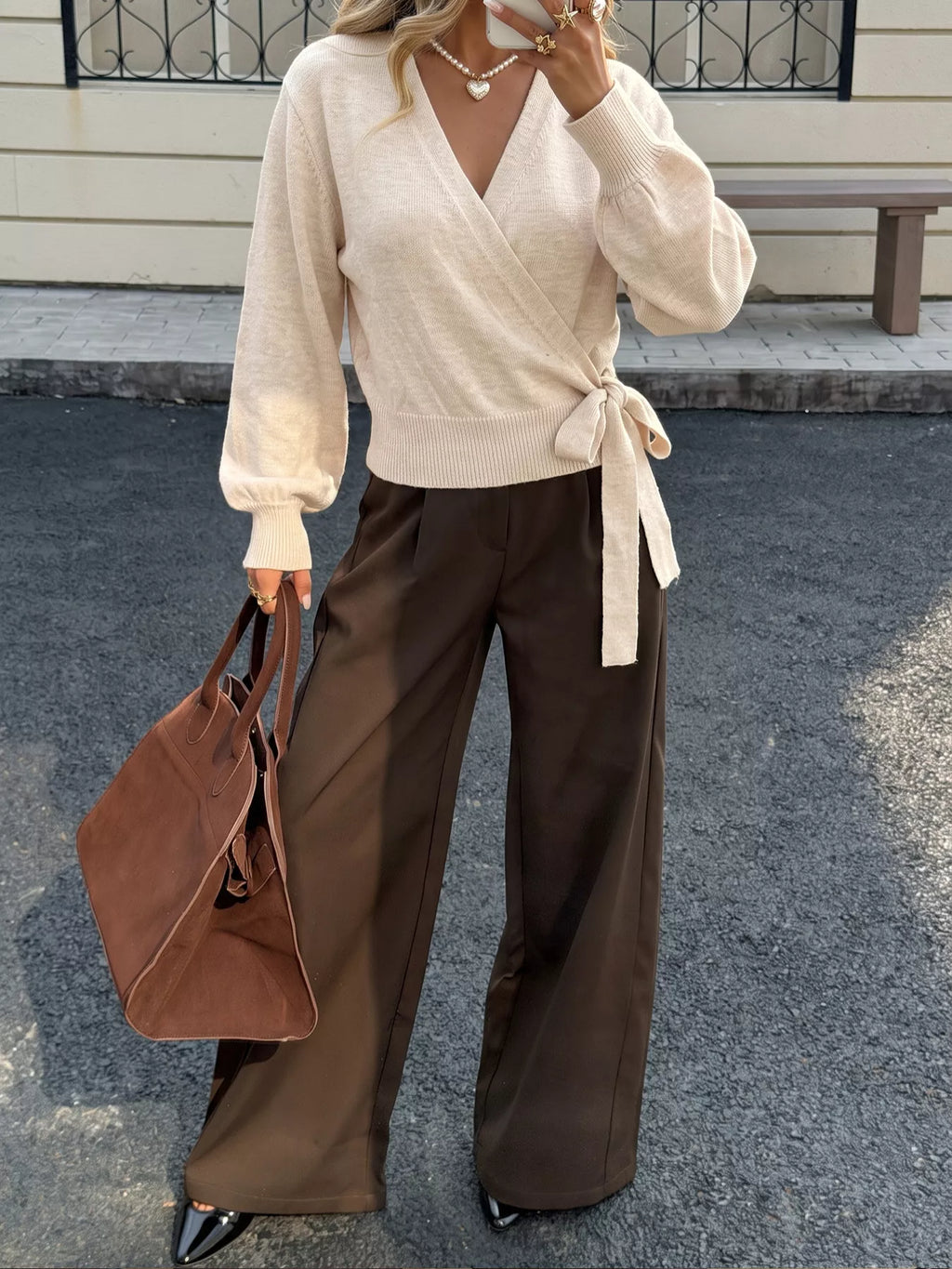 Tied Surplice Long Sleeve Sweater