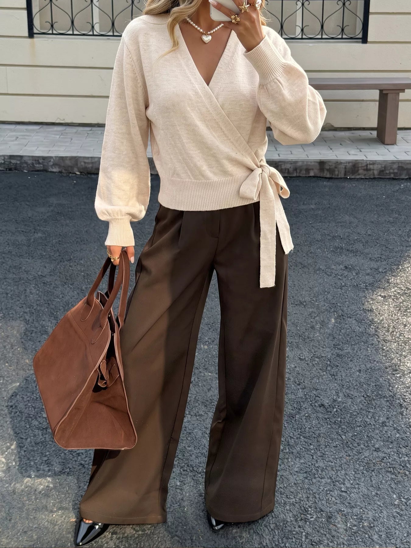 Tied Surplice Long Sleeve Sweater