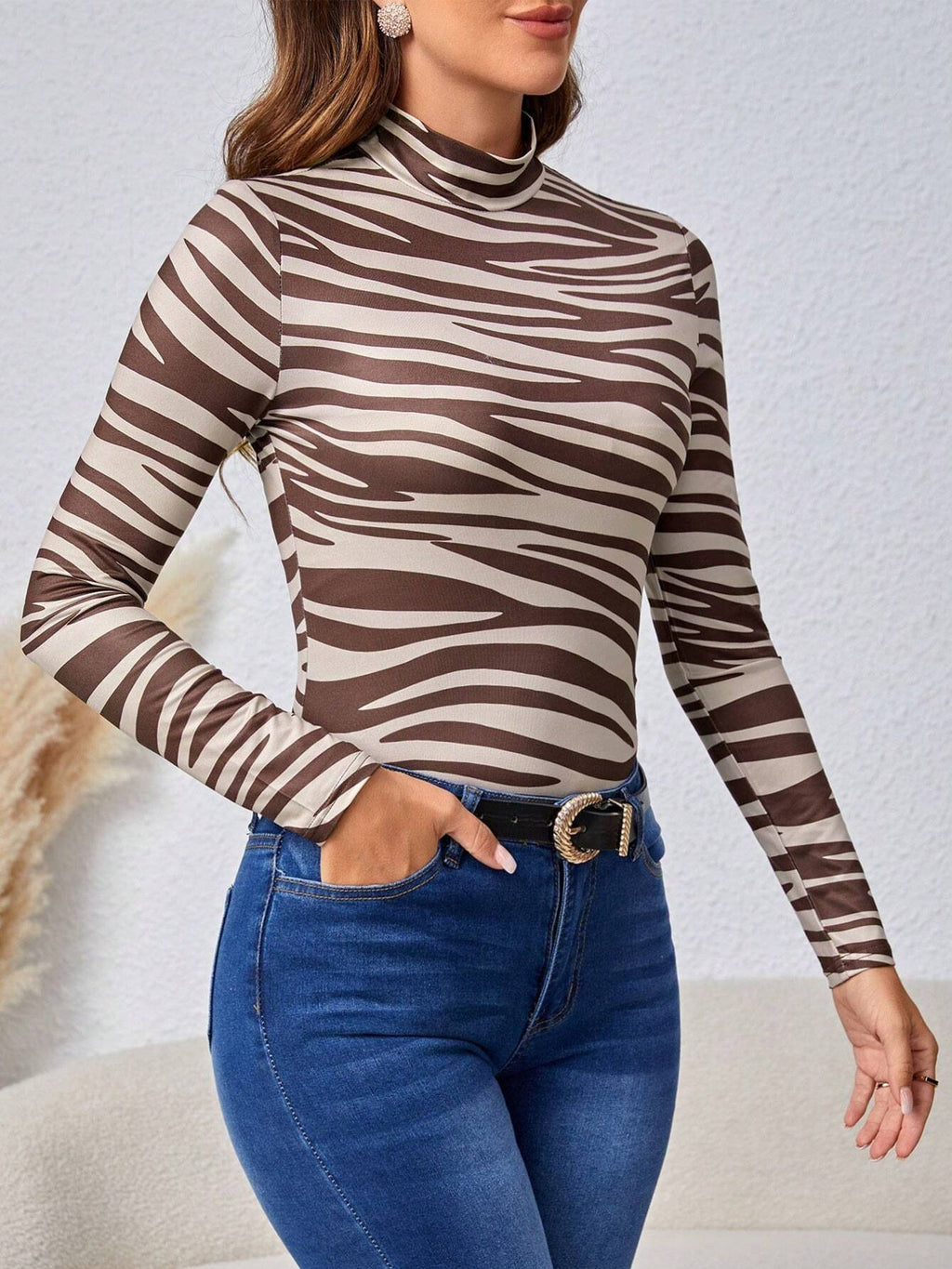Animal Print Mock Neck Long Sleeve T-Shirt