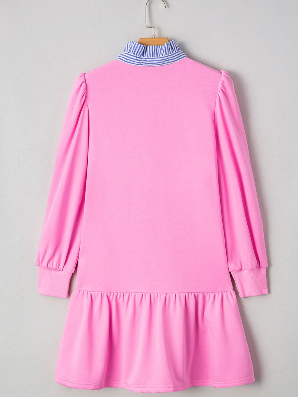 Contrast Striped Collar Patchwork Puff Sleeve Ruffle Hem Mini Dress