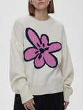Flower Ribbed Hem Round Neck Sweater