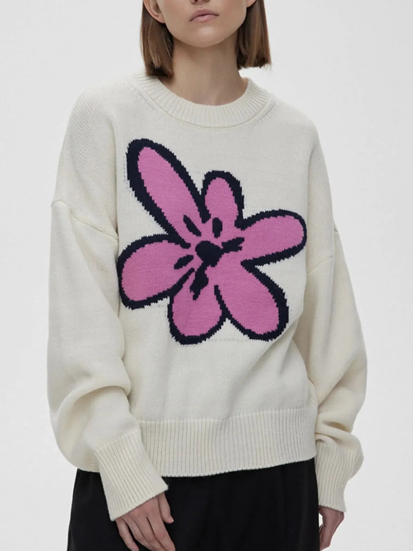Flower Ribbed Hem Round Neck Sweater
