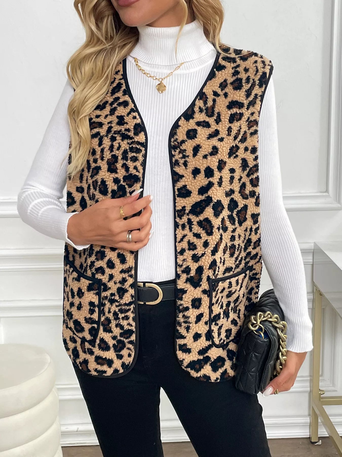 Leopard Fleece Vest Coat with Pockets