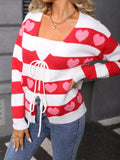 Valentine's Day Heart Pattern Striped Tie Front Cardigan