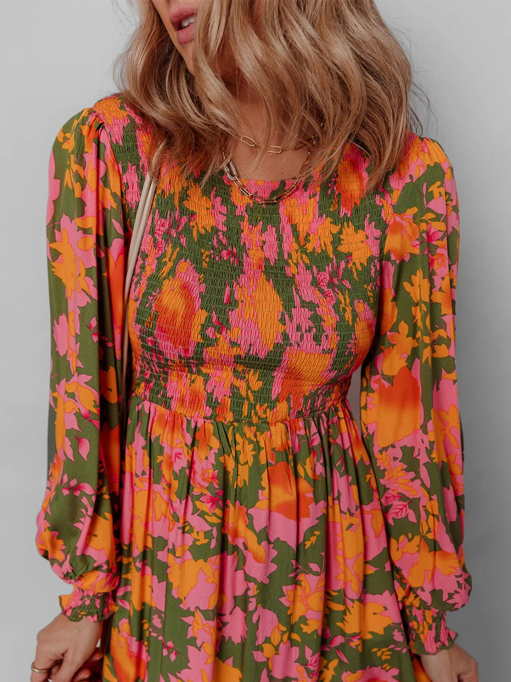 Smocked Floral Print Long Sleeve Maxi Dress