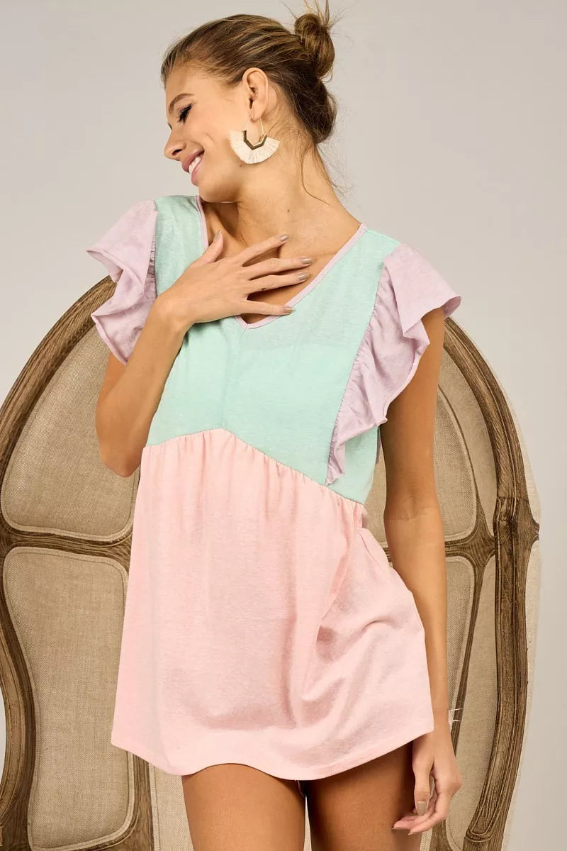 BiBi Triblend Color Block Ruffled Sleeve Babydoll Top
