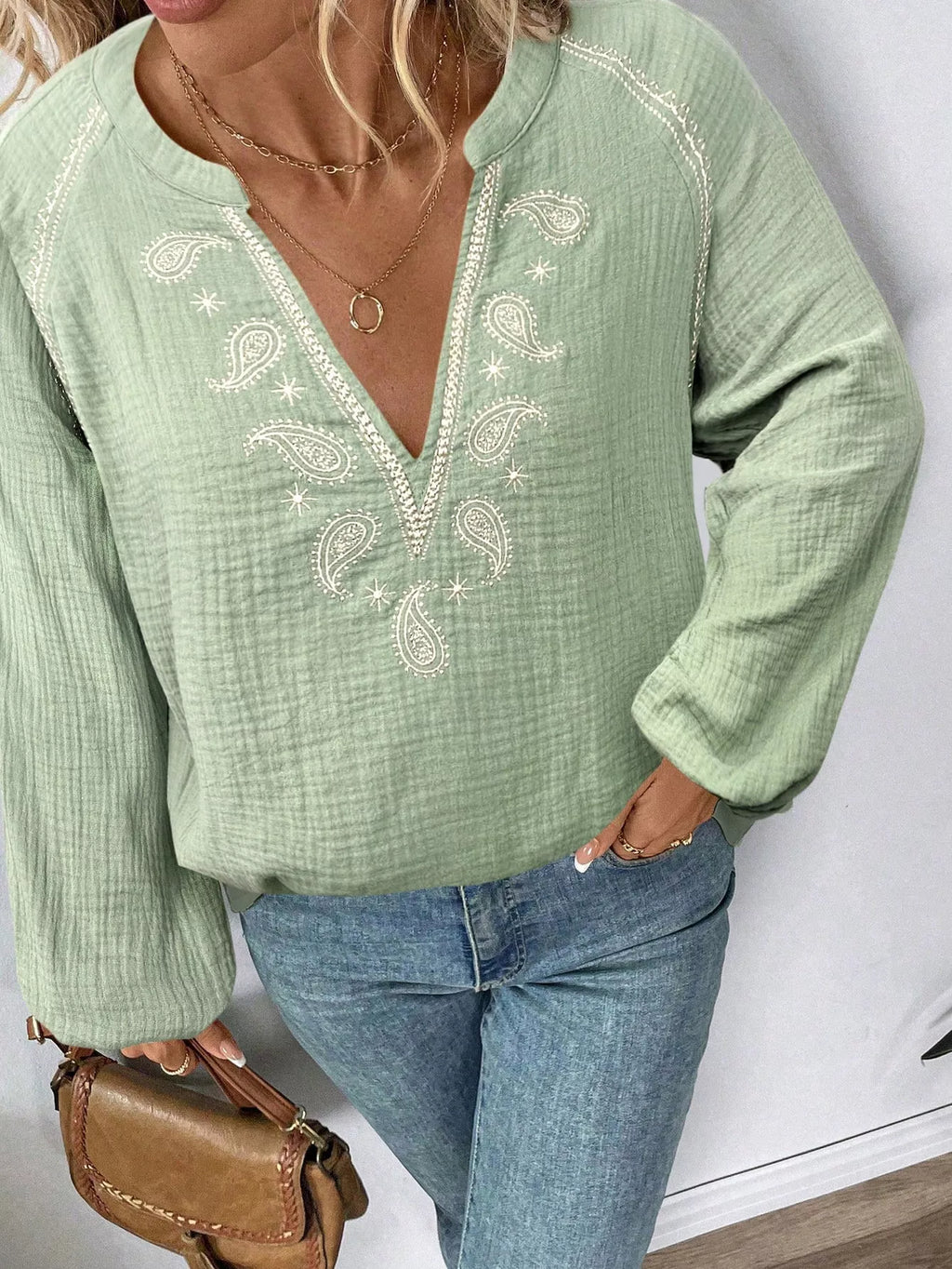 Paisley Notched Balloon Sleeve Blouse